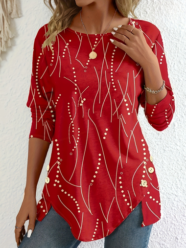 Loose Long Sleeve Crew Neck Abstract Casual Regular Blouse