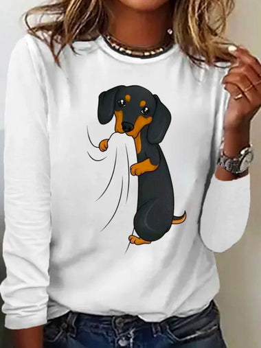 Loose Long Sleeve Crew Neck Dog Casual Regular T-Shirt