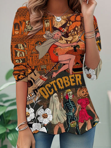 Loose Long Sleeve Crew Neck Halloween Casual Regular T-Shirt