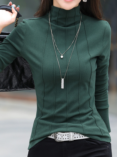 Loose Long Sleeve Turtleneck Plain Casual Regular Blouse