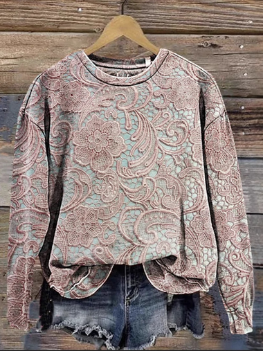 Loose Long Sleeve Crew Neck Floral Casual Regular Sweatshirt