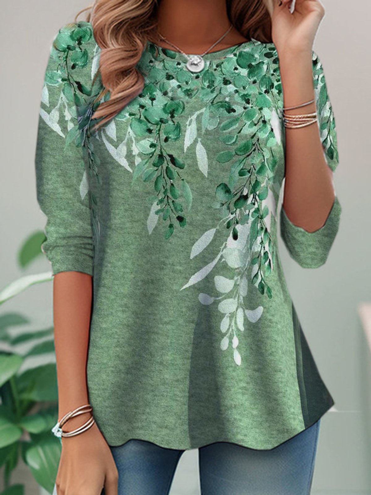 Casual Long Sleeve Crew Neck Floral Loose Regular T-Shirt