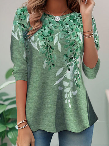 Casual Long Sleeve Crew Neck Floral Loose Regular T-Shirt