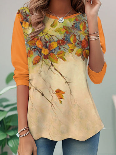 Loose Long Sleeve Crew Neck Maple Leaf Casual Regular T-Shirt