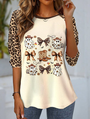 Casual Long Sleeve Crew Neck Leopard Loose Regular Blouse