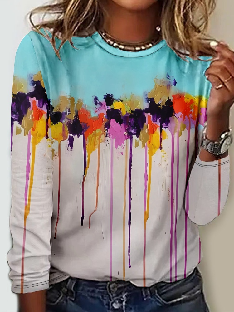 Loose Long Sleeve Crew Neck Floral Casual Regular T-Shirt