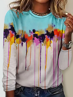 Loose Long Sleeve Crew Neck Floral Casual Regular T-Shirt