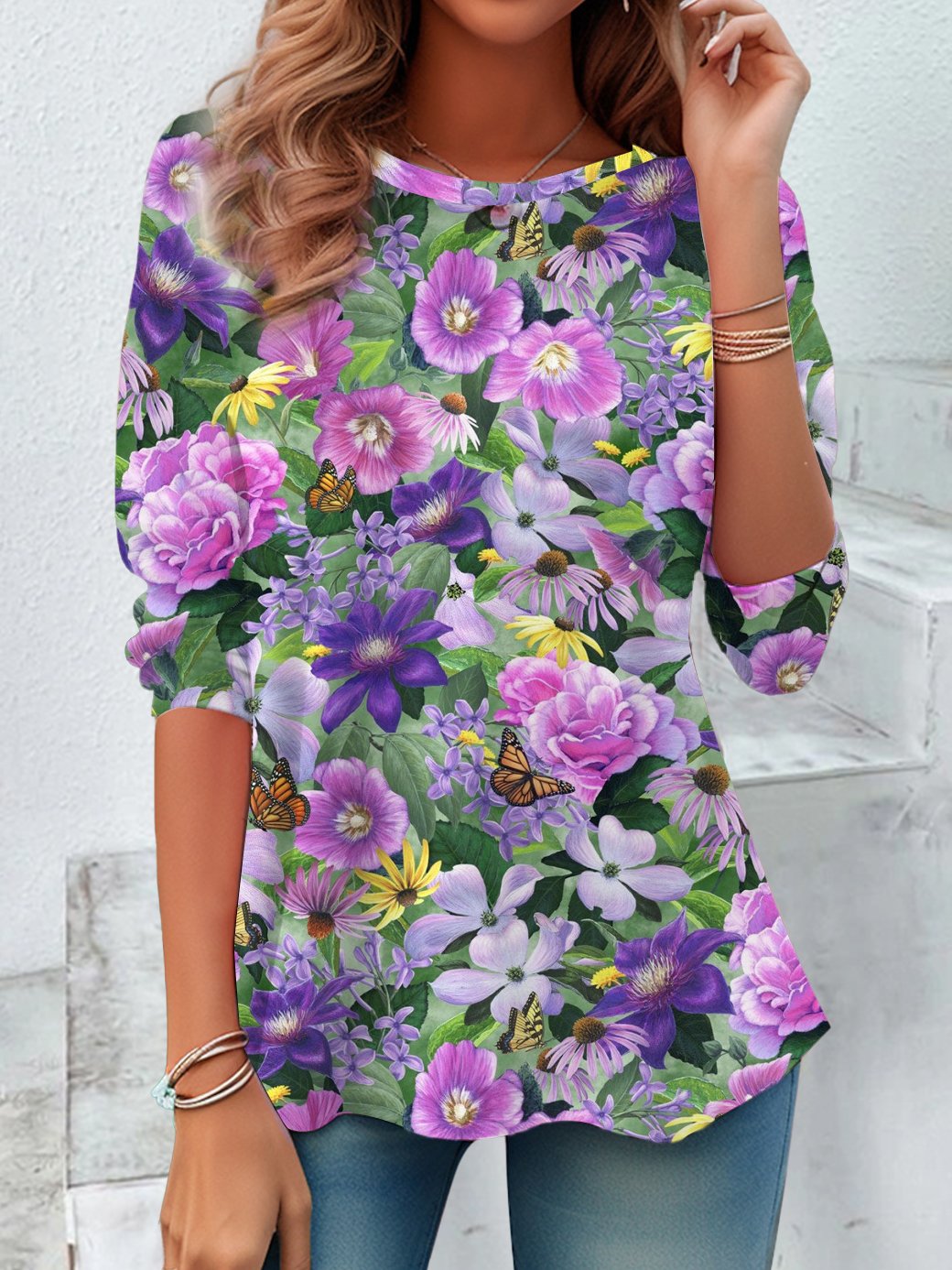 Loose Long Sleeve Crew Neck Floral Casual Regular T-Shirt