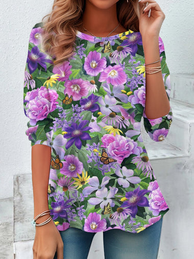 Loose Long Sleeve Crew Neck Floral Casual Regular T-Shirt