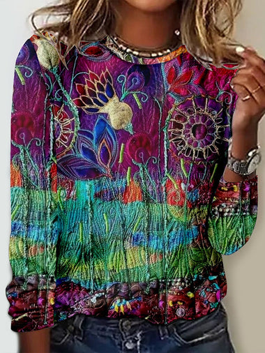 Casual Long Sleeve Crew Neck Abstract Loose Regular T-Shirt