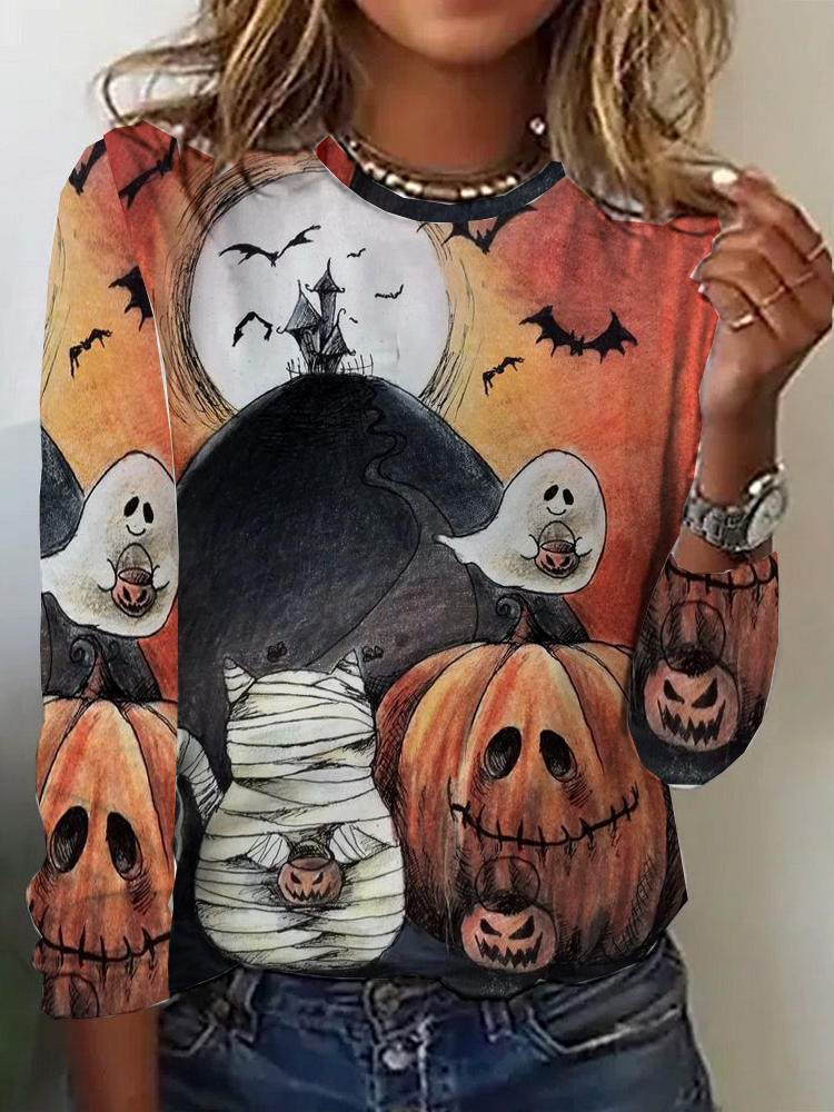 Loose Long Sleeve Crew Neck Halloween Casual Regular T-Shirt