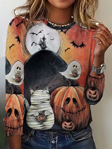 Loose Long Sleeve Crew Neck Halloween Casual Regular T-Shirt