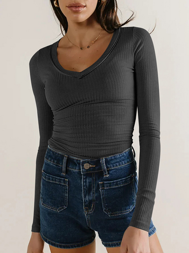 Casual Long Sleeve V Neck Plain Regular Blouse