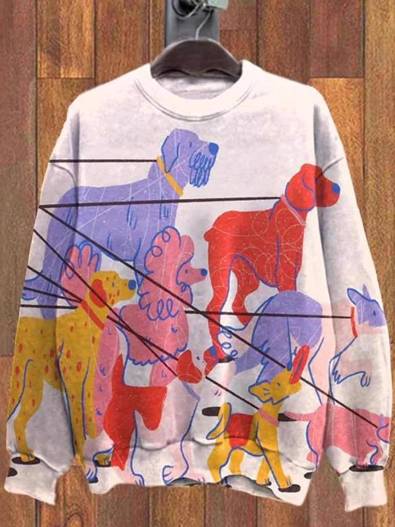 Casual Long Sleeve Crew Neck Dog Loose Regular Sweatshirt