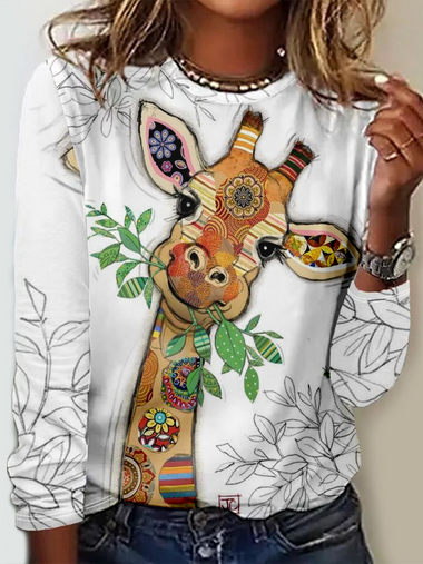 Casual Long Sleeve Crew Neck Ethnic Loose Regular T-Shirt