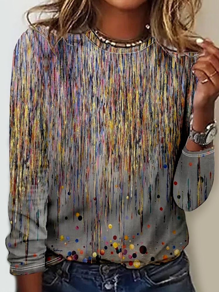 Loose Long Sleeve Crew Neck Ombre Casual Regular T-Shirt