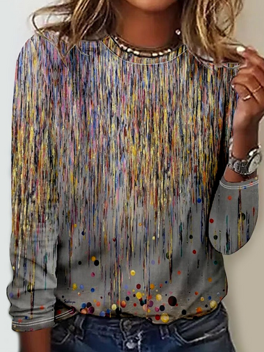 Loose Long Sleeve Crew Neck Ombre Casual Regular T-Shirt