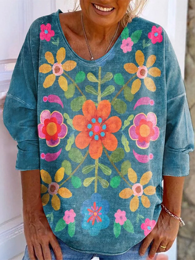 Loose Long Sleeve Crew Neck Ethnic Floral Casual Regular T-Shirt