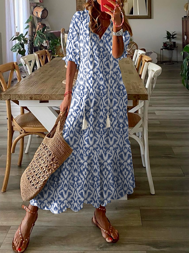 Casual Short Sleeve V Neck Floral Loose Maxi Dress
