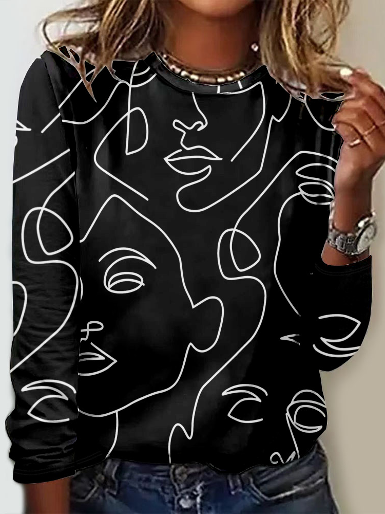 Casual Long Sleeve Crew Neck Ethnic Loose Regular T-Shirt