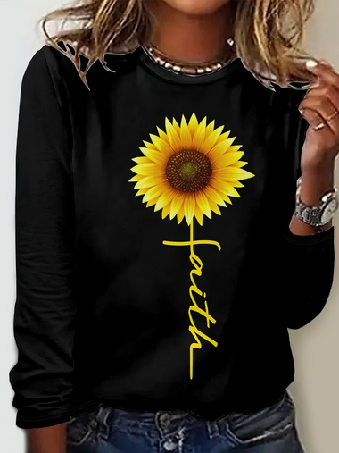 Casual Long Sleeve Crew Neck Floral Loose Regular T-Shirt