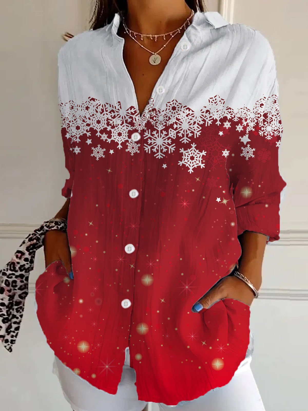 Casual Long Sleeve Shirt Collar Christmas Loose Regular Shirt