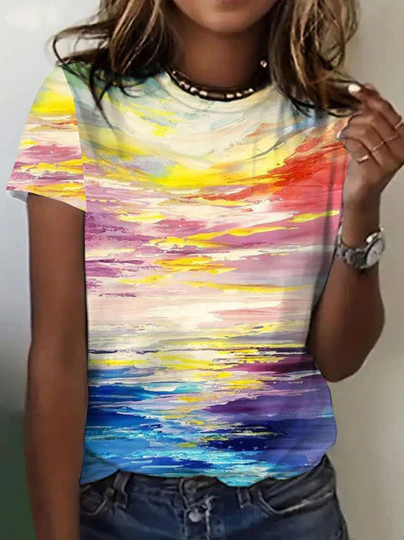 Casual Short Sleeve Crew Neck Color Block Loose Regular T-Shirt