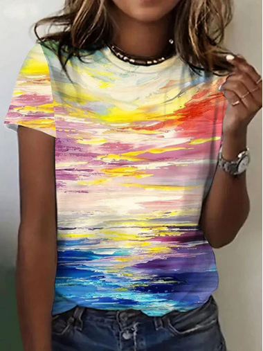 Casual Short Sleeve Crew Neck Color Block Loose Regular T-Shirt