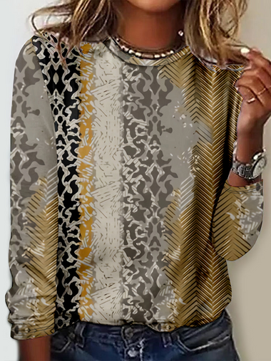 Loose Long Sleeve Crew Neck Abstract Casual Regular T-Shirt