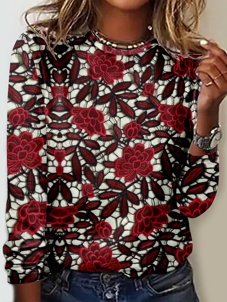 Loose Long Sleeve Crew Neck Abstract Casual Regular T-Shirt