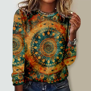Loose Long Sleeve Crew Neck Ethnic Casual Regular T-Shirt