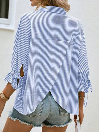 Loose Three Quarter Sleeve Shawl Collar Striped Cross Casual Regular Blouse