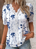 Loose Short Sleeve V Neck Floral Casual Regular Blouse