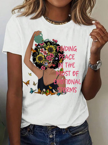 Casual Short Sleeve Crew Neck Text Letters Floral Loose Regular T-Shirt