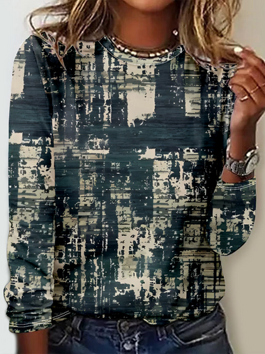 Casual Long Sleeve Crew Neck Ethnic Loose Regular T-Shirt