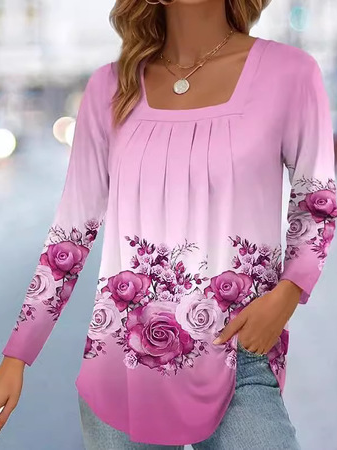 Casual Long Sleeve Square Neck Floral Regular Blouse