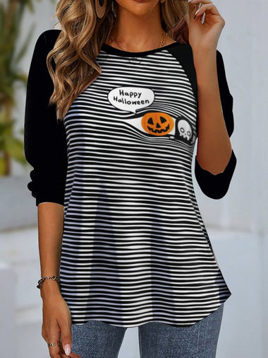 Casual Long Sleeve Crew Neck Striped Loose Regular Blouse
