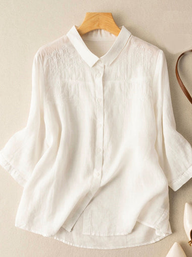 Casual Long Sleeve Shirt Collar Plain Loose Regular Blouse