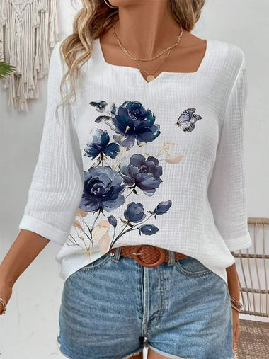 Casual Three Quarter Sleeve Notched Floral Loose Regular T-Shirt