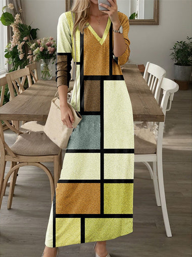 Casual Long Sleeve V Neck Abstract Graphic Loose Maxi Dress