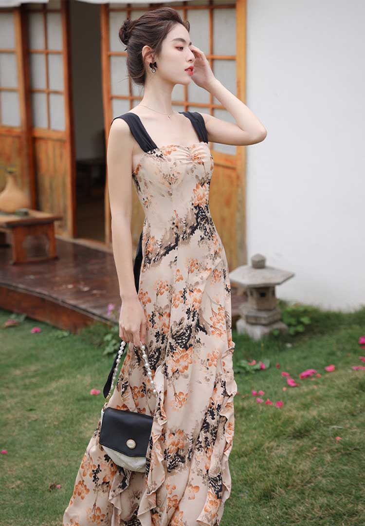 French Romantic Retro Atmosphere Floral Halter Cutout Tie Waist Dress