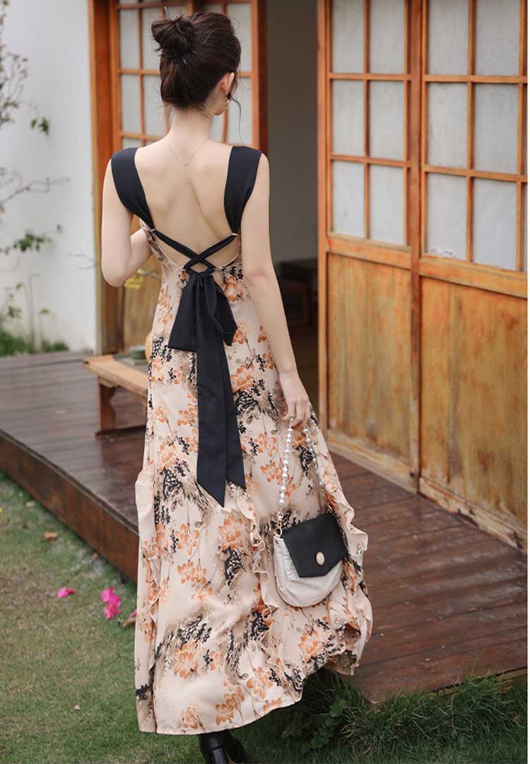 French Romantic Retro Atmosphere Floral Halter Cutout Tie Waist Dress