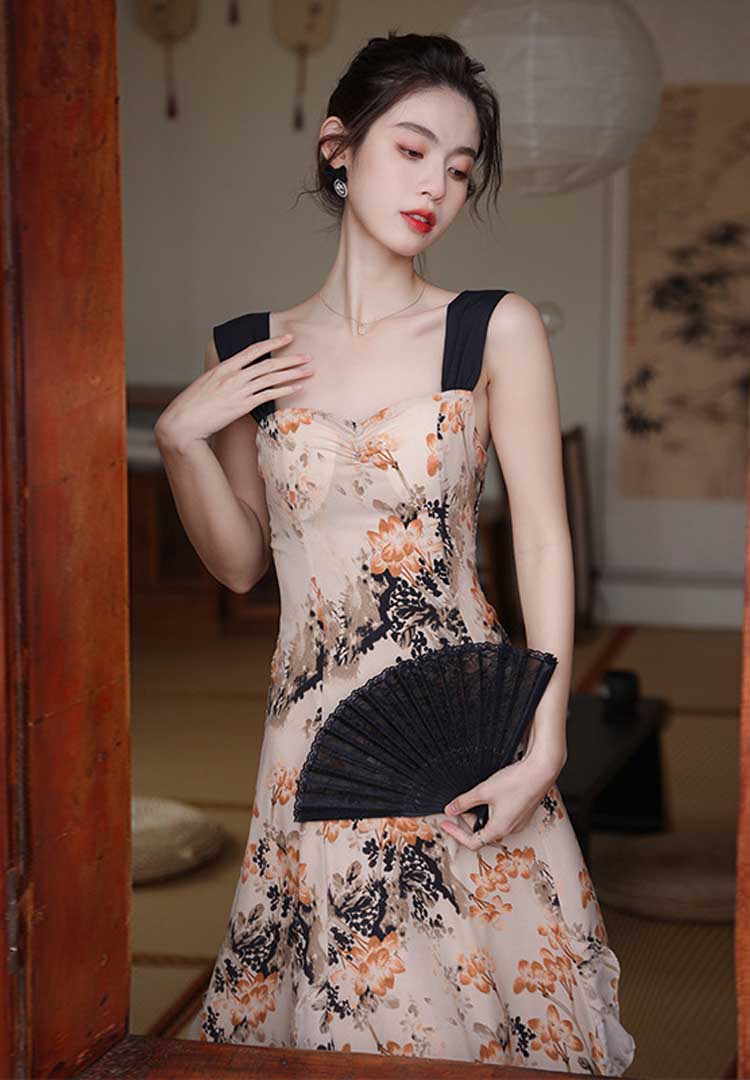 French Romantic Retro Atmosphere Floral Halter Cutout Tie Waist Dress
