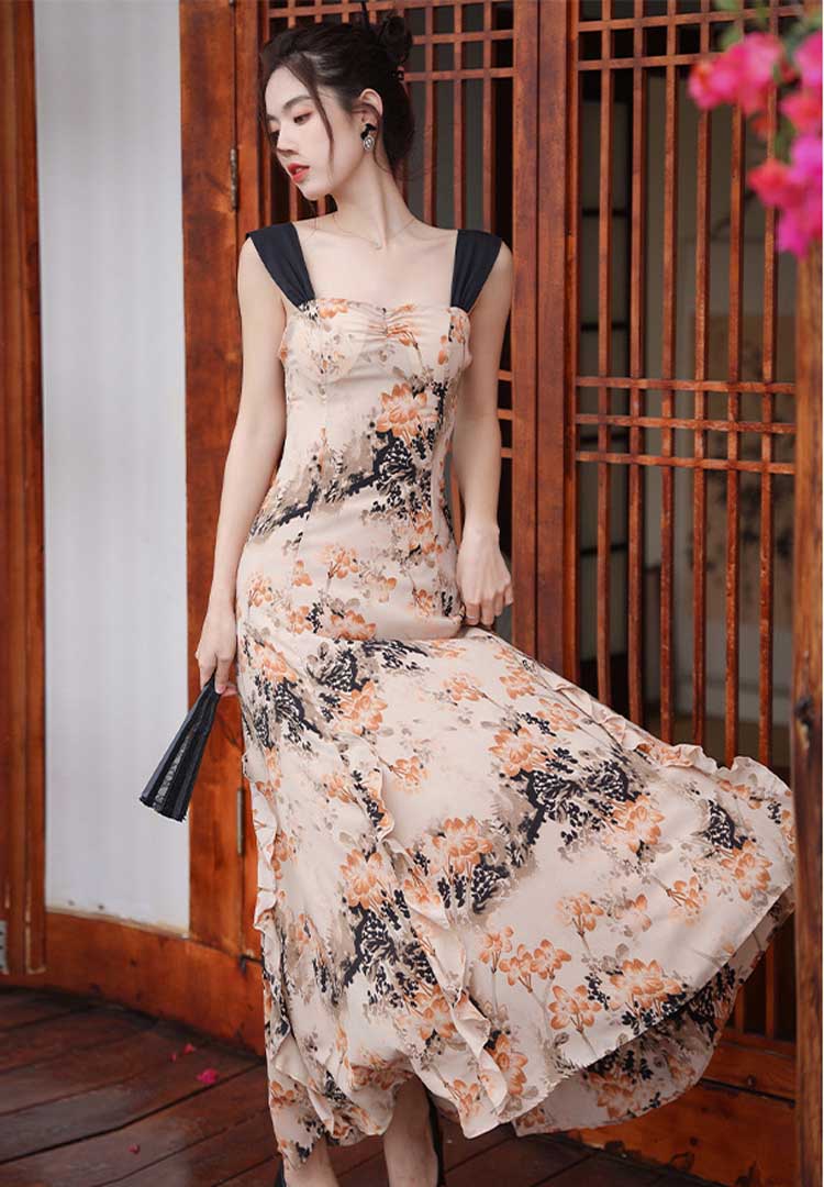 French Romantic Retro Atmosphere Floral Halter Cutout Tie Waist Dress