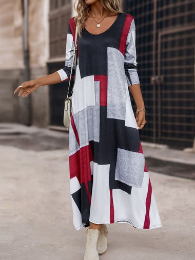 Casual Long Sleeve Crew Neck Color Block Maxi Dress