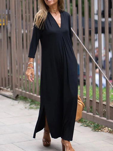Casual Long Sleeve V Neck Plain Loose Maxi Dress