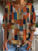 Casual Long Sleeve V Neck Geometric Loose Regular T-Shirt