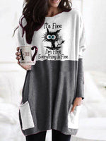 Casual Long Sleeve Crew Neck Cat Loose Mid-Long T-Shirt