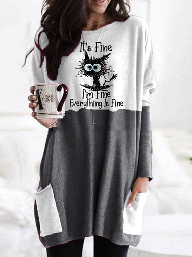 Casual Long Sleeve Crew Neck Cat Loose Mid-Long T-Shirt