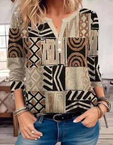 Loose Long Sleeve Notched Ethnic Casual Regular Blouse